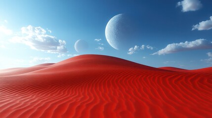 Naklejka premium Red sand dunes under a vibrant blue sky with two moons.