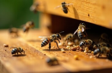 Honey bees gathering pollen at wooden hive entrance in natural sunlight