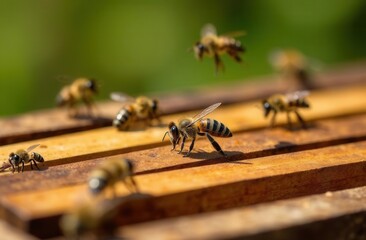 Close-up of bees on wooden hive in natural sunlight environment
