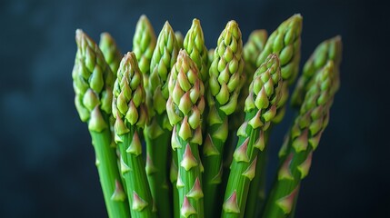 Close-up of fresh green asparagus spears against a dark background