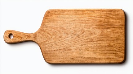 A beautiful wooden cutting board with a handle, perfect for food preparation and kitchen display.