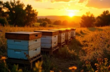 Beehives at sunset in a lush meadow with golden sunlight and vibrant wildflowers