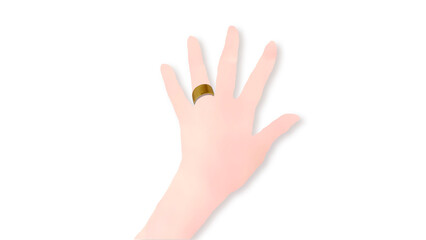 Obraz premium Close-up of young woman's left hand with gold ring on ring finger, minimal realistic hand-drawn style.