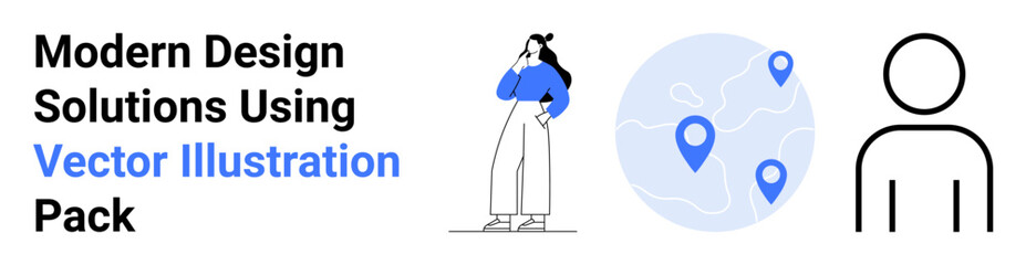 Female figure with modern outfit, globe with location pins, user outline. Ideal for technology, travel, connectivity, profiles, global access, digital marketing flat landing page banner