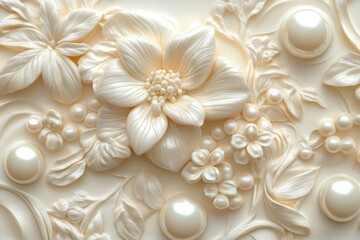 Cream floral 3D wall decor, pearl accents, elegant background, home design