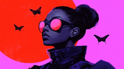 Futuristic woman in sunglasses with butterflies bold pink red backdrop