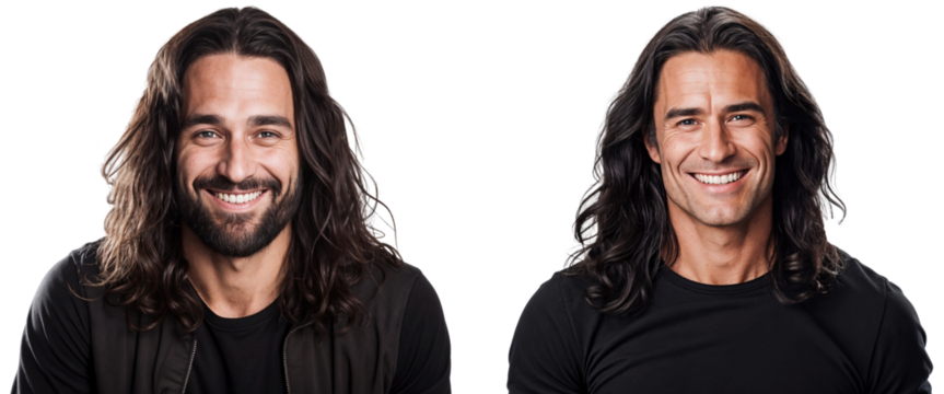 Portrait of two handsome guys smiling with long hair, isolated on white background