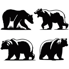 A black and white silhouette illustration of four bears in different poses. The detailed artwork captures their fur texture and movement, ideal for wildlife, nature, and outdoor-themed designs