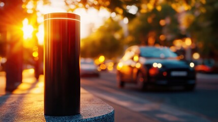 Urban Sunset Over a Quiet Street with Silhouetted Object and Blurred Traffic