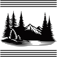 Obraz premium A black and white vector illustration of a mountain landscape featuring pine trees, a calm lake, and snow-capped peaks