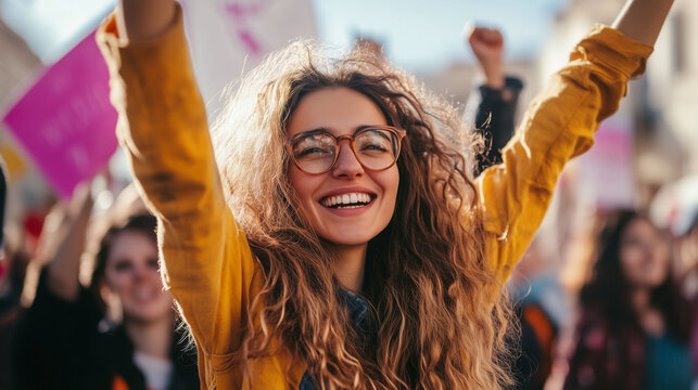 feminist female in march celebrating women's day expressing empowerment and leadership to achieve woman's rights on International Women's day