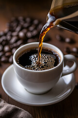 A photograph of black coffee being poured into a white cup, with dark brown coffee beans in the background