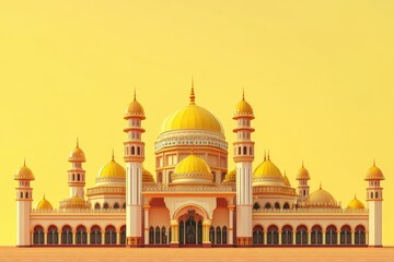 Obraz premium A symmetrical golden mosque against a yellow background is depicted