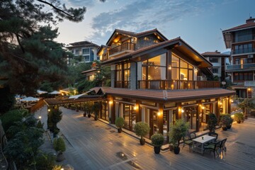 Naklejka premium Evening Time Wood House Structure With Outdoor Seating Tables and Dim Light Setting