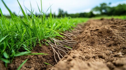 Lush Green Grass Plants with Strong Roots Open Field Nature Photography Sunny Day Low Angle Growth and Resilience