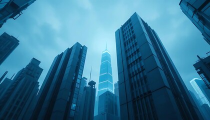 Fototapeta premium Futuristic Cityscape with Skyscrapers in Blue Tones and Dramatic Cloudy Sky