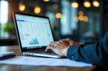 Caucasian male analyzing data on laptop in modern office environment