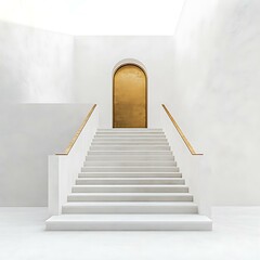 Golden Doorway at Top of White Steps with Handrails and Modern Archways and Minimal Design