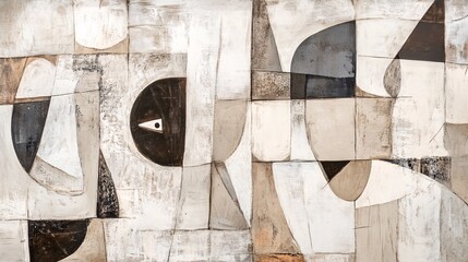 Cubist abstract fragments in muted bronze and pale cream plain background