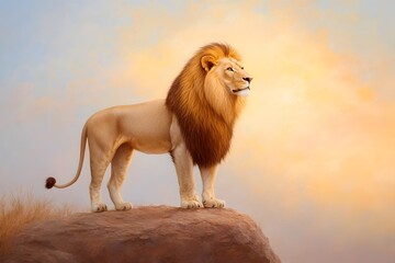Obraz premium Powerful Lion Stands Proudly on Rocky Ledge at Sunset Radiating Leadership and Confidence