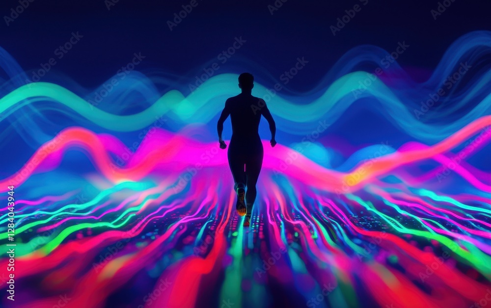 Poster Dynamic Runner in Abstract Colorful Wave Pattern at Night