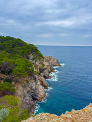Aerial drone view of the island of Porquerolles with turquoise waters
