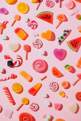 A colorful candy-themed background with lollipops, gummy bears, and watermelon slices