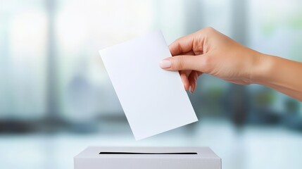 A voter is casting a blank ballot into a voting box, representing civic engagement in a public setting. The atmosphere suggests a democratic process in action