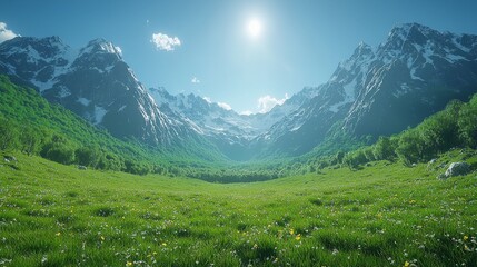 Naklejka premium Tranquil hiking adventure mountain valley nature scene lush greenery wide angle explore serenity