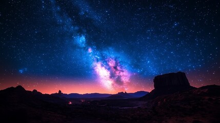 A breathtaking starry night sky over a desert landscape with the Milky Way galaxy vividly displayed in vibrant colors