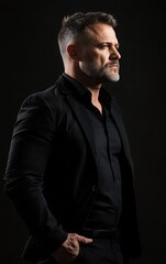Fototapeta premium A well-dressed man with a beard stands in profile, deep in thought. He wears a black suit and shirt, and the lighting highlights his features against the dark backdrop