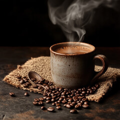 Steaming Coffee Cup with Rustic Beans and Burlap