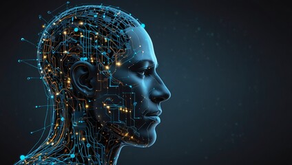 Technology concept, featuring a radiant head profile with streaming data lines and cloud computing elements