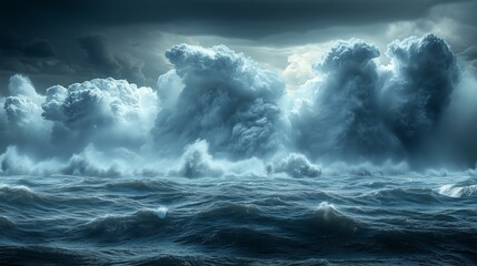 Fototapeta premium A dramatic scene of a stormy sea with towering dark clouds and turbulent waves illuminated by the moonlight creating a powerful atmosphere