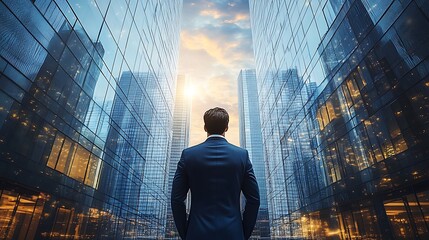 Back of businessman in suit with business office glass modern buildings background for financial freedom portfolio or company profit and strategy growth IPO poster,


