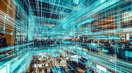 A futuristic shopping mall filled with glowing blue digital lines representing data connectivity and advanced technology integration
