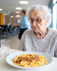 An elderly woman sits at a table, looking intently at a plate of spaghetti with meat sauce. The bright dining area has a blurred figure of a staff member in the background