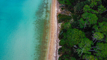 Fototapeta premium Aerial drone view of the island of Porquerolles with turquoise waters