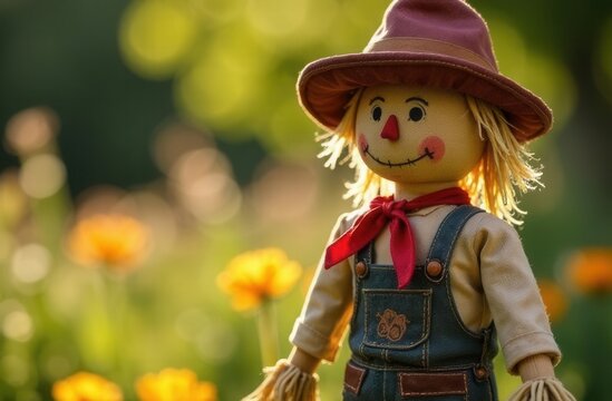 Cheerful scarecrow doll in sunlit garden with flowers