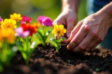 Hands planting vibrant flowers in garden soil with care and precision