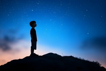 Silhouetted figure standing alone on a hilltop gazing up at a starry night sky