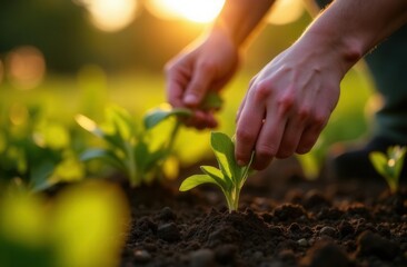 Hands planting seedlings in sunlit garden soil at sunset