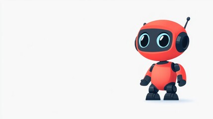 A cheerful red robot character stands on a simple background, showcasing its large eyes and friendly demeanor. It appears ready to embark on fun and exciting adventures, inviting interaction