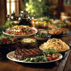 Plentiful Steak Dinner With Pasta And Salads Served On Wooden Table Indoors