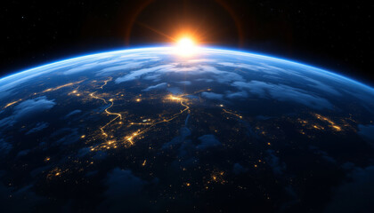 Earth with illuminated cities at night and sunrise