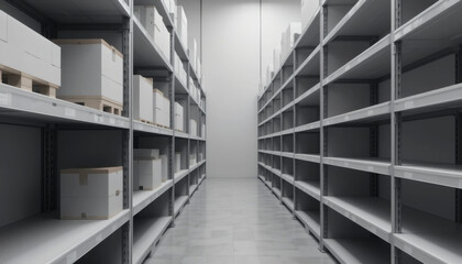 Fototapeta premium Blank Warehouse Shelves for Logistics & Supply Chain Visuals – High-Quality Stock Image