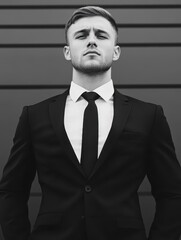 A young man stands confidently in a fitted black suit and tie, looking directly at the viewer with a serious expression in an urban setting during daylight hours