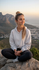 Young woman enjoying sunset view at Table Mountain in Cape Town, South Africa while dressed in sportswear