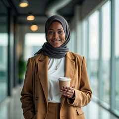 Smiling businesswoman wearing a hijab in a modern office holding coffee.