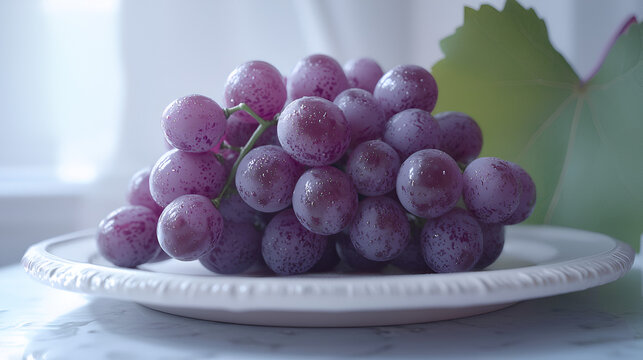 A cluster of plump, purple grapes covered in dew drops sits gracefully on a pristine white plate.